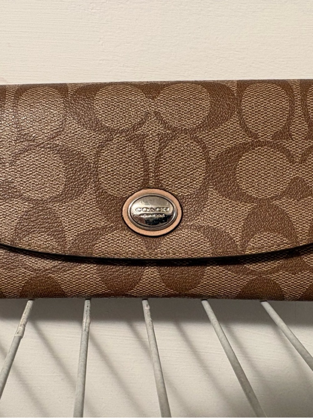 Coach Brown Pebbled Monogram Wallet with Silver Logo Plaque